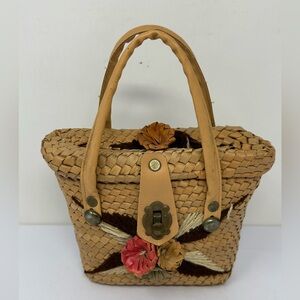 Vintage 1960s Wicker Leather Woven Weave Small Purse K5